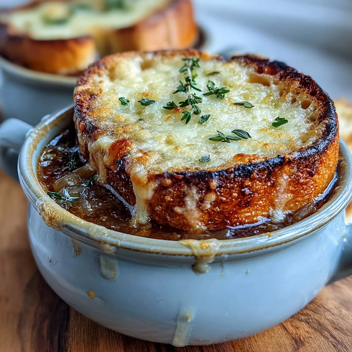 Melty Gruyère cheese bubbles over crispy toasted baguette slices on top of classic French onion soup.