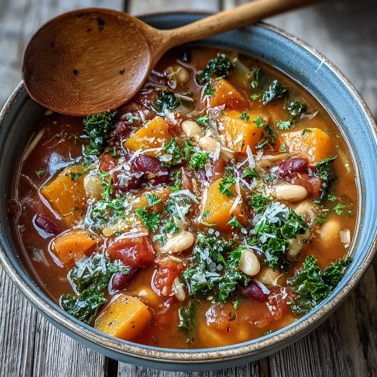 Winter Minestrone Soup With Butternut Squash and Kale served in a white ceramic bowl with crusty bread on the side.