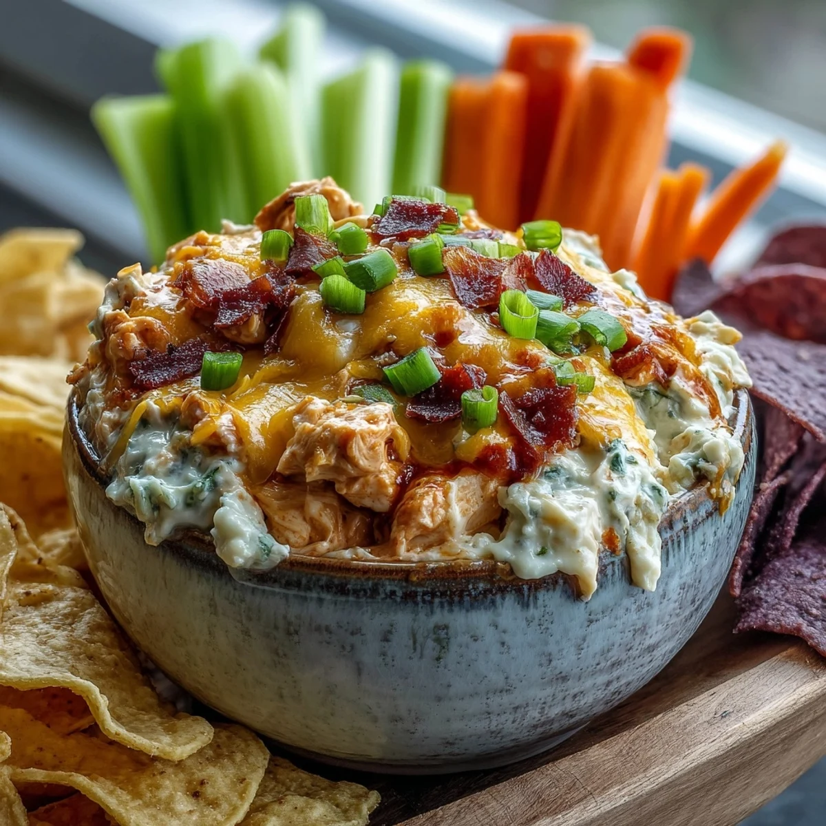 A creamy, spicy bowl of Buffalo Chicken Dip garnished with fresh scallions, ready for tortilla chips.  