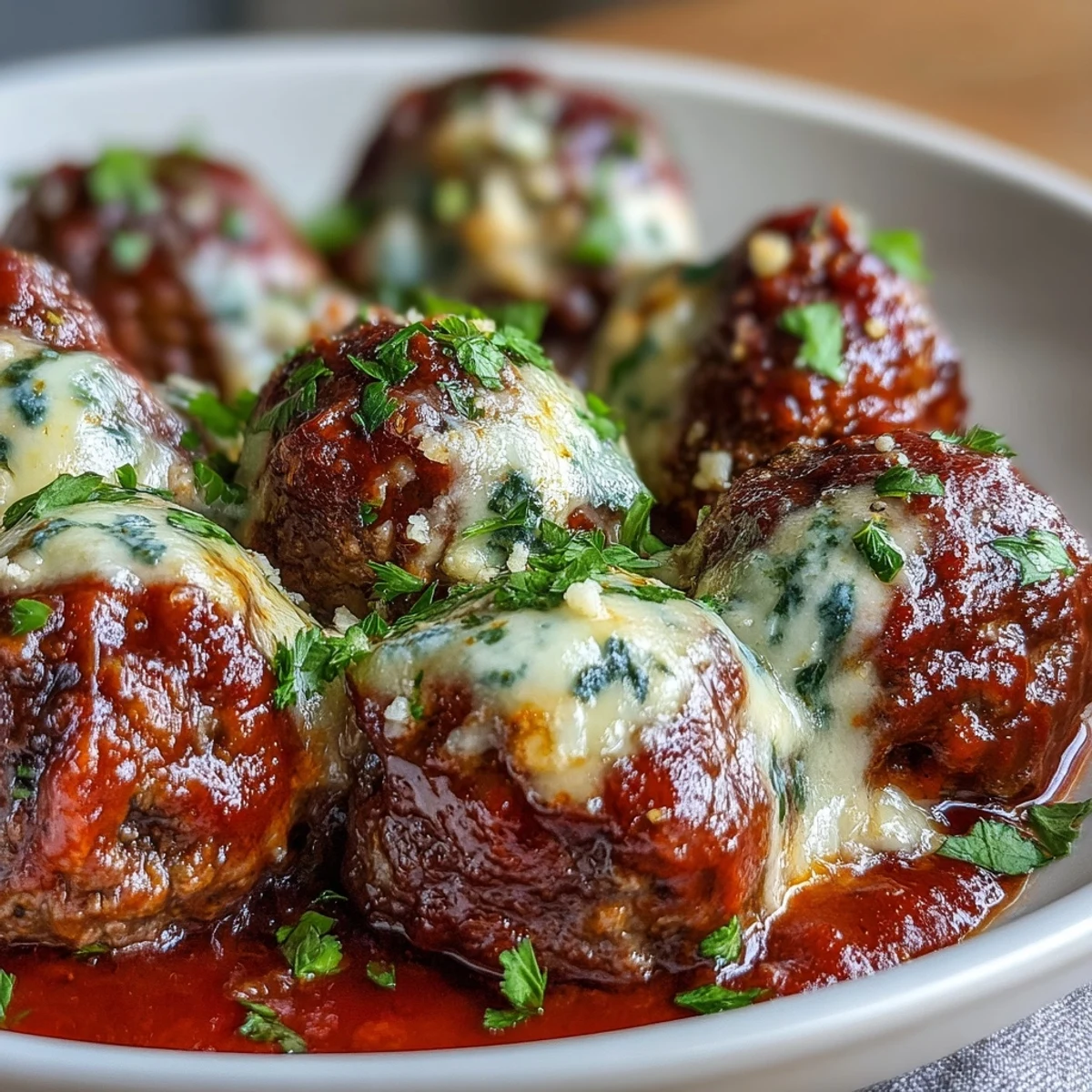 Golden-brown, cheese-stuffed meatballs simmer in a rich, chunky marinara sauce, garnished with fresh basil leaves and a sprinkle of Parmesan.