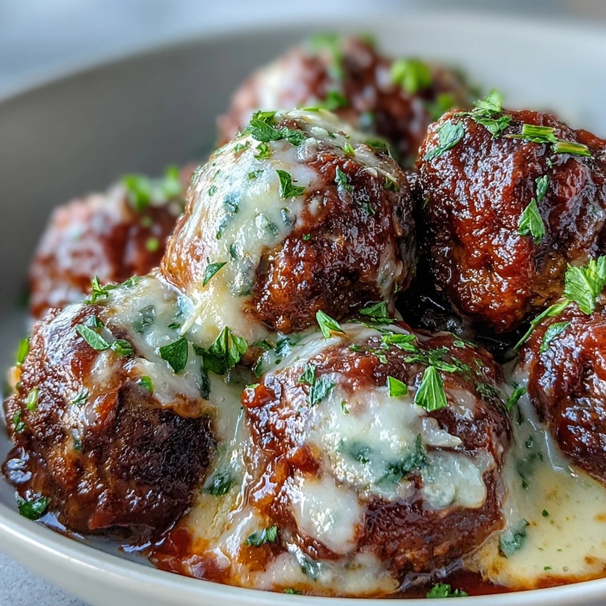 Tender, garlicky Italian meatballs topped with melted mozzarella, resting in a savory tomato sauce over a bed of al dente spaghetti.