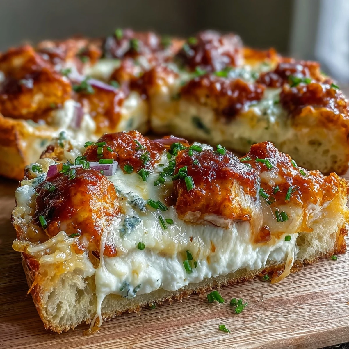 A freshly baked Buffalo Chicken Pizza topped with red onion slices and blue cheese crumbles, served on a rustic wooden board for a game-day feast.