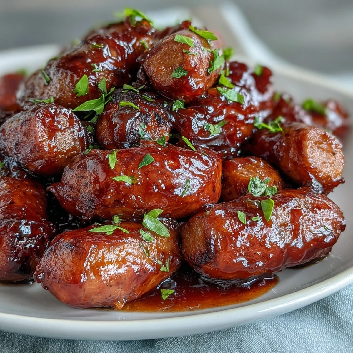 Toothpick-ready Crock Pot BBQ Cocktail Sausage bites served warm on a platter with dill pickle chips. 