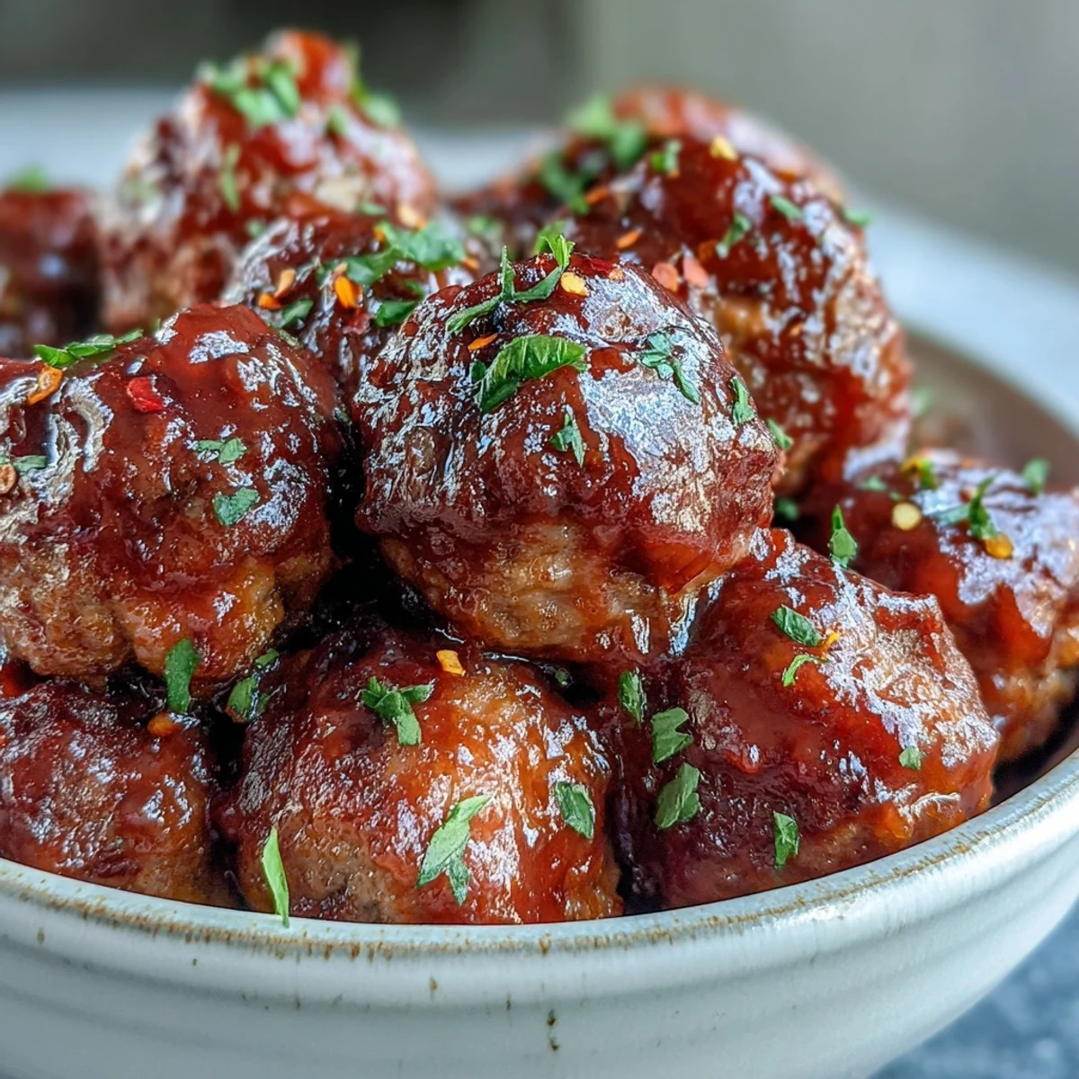 Platter of Easy Sweet and Sour Crock Pot Meatballs with toothpicks, garnished with chopped scallions for a party snack.