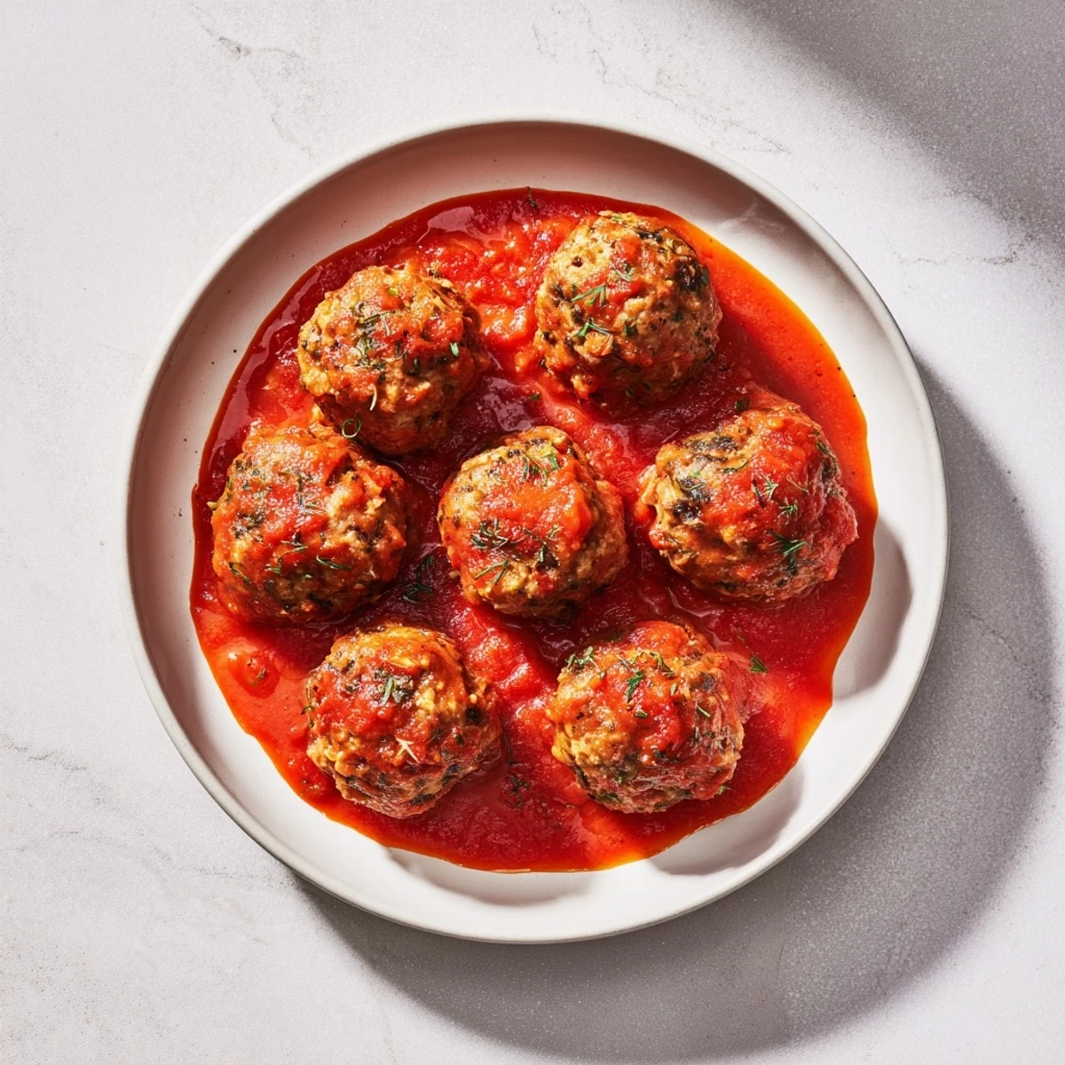 Juicy Instant pot Greek meatballs are pictured, swimming in a vibrant tomato sauce dotted with fresh herbs.