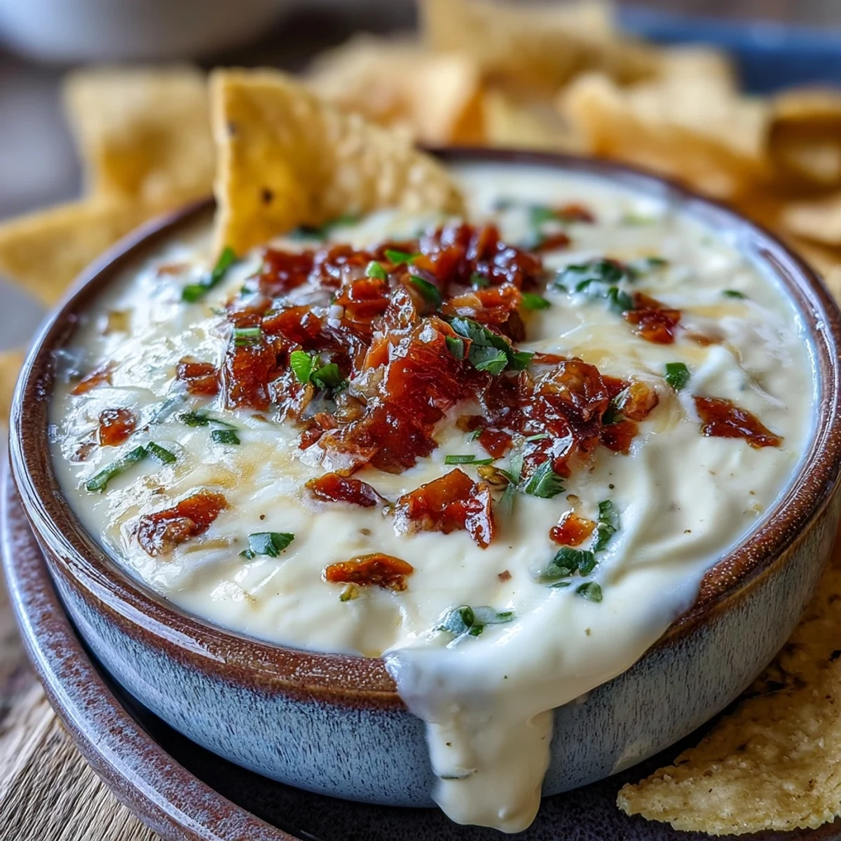 Spicy Tex-Mex queso dip with a velvety cheese texture is garnished with cilantro and served in a warm bowl.