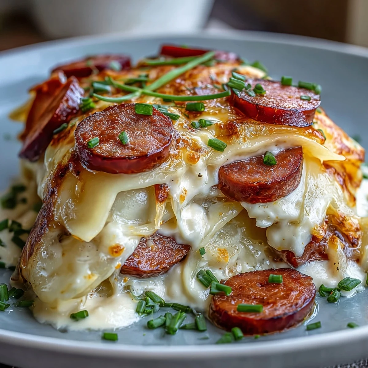 Comforting Crockpot Pierogi Casserole with Kielbasa, featuring layers of cheesy pierogi and smoky sausage in a crockpot.
