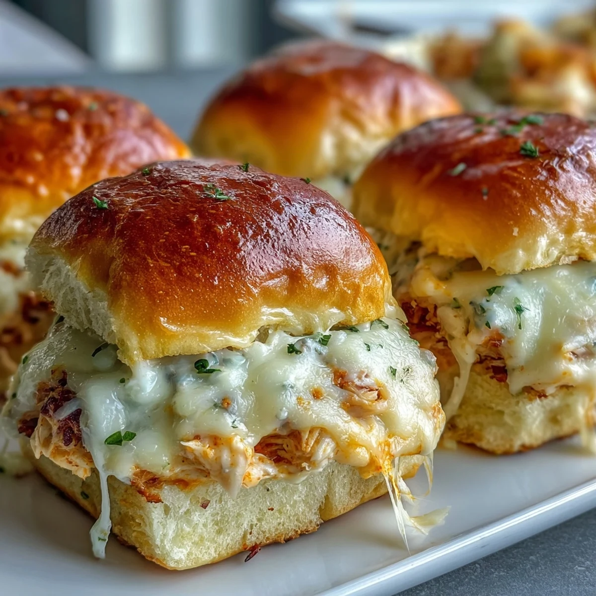 Golden-brown baked Pizza Dip Sliders emerge from the oven, featuring soft Hawaiian rolls stuffed with creamy Buffalo chicken and melted mozzarella.  