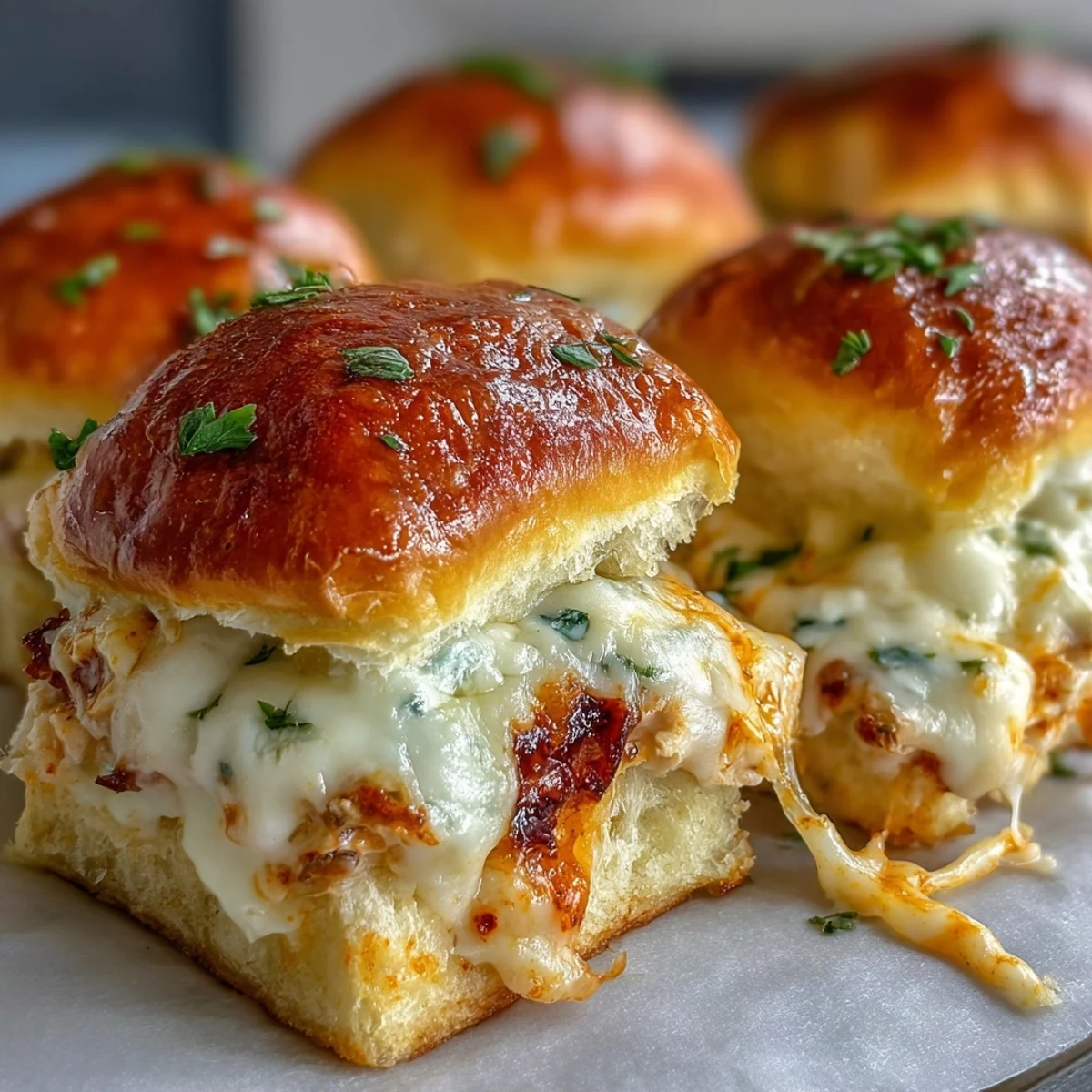 Savory Pizza Dip Sliders arranged on a platter, perfect for game day, with a side of celery and extra Buffalo sauce.