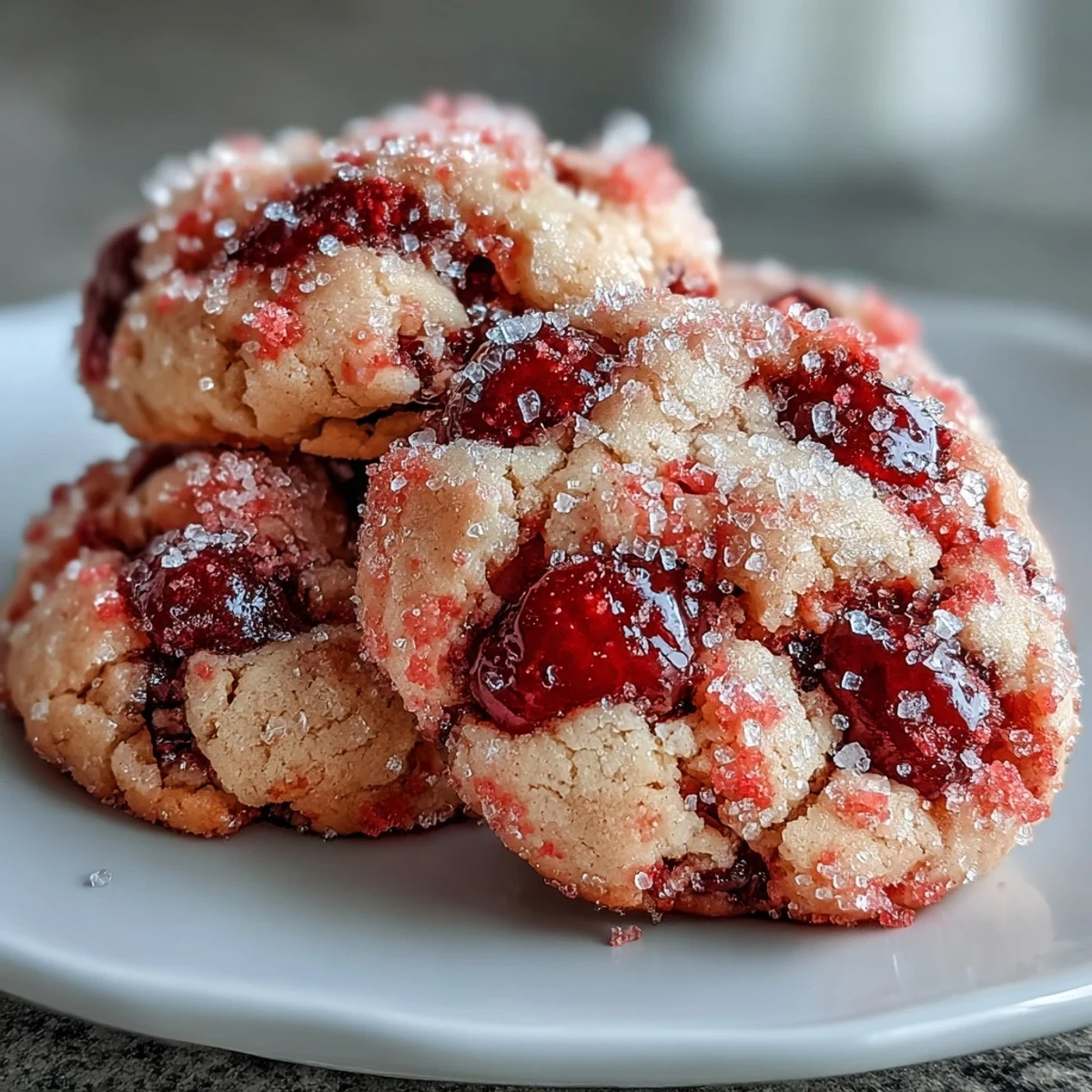 Freshly baked Soft Chewy Raspberry Sugar Cookies with a sparkling sugar crust and bright red berries.