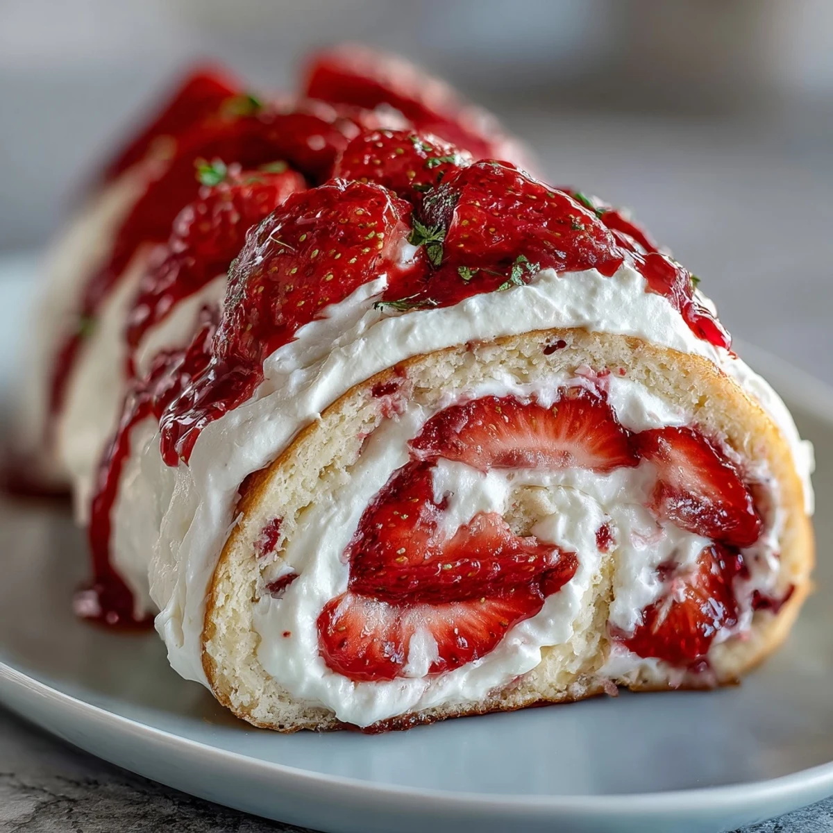 Golden crepe spirals filled with whipped cream, sliced strawberries, and fluffy sponge cake, served on a white plate. 