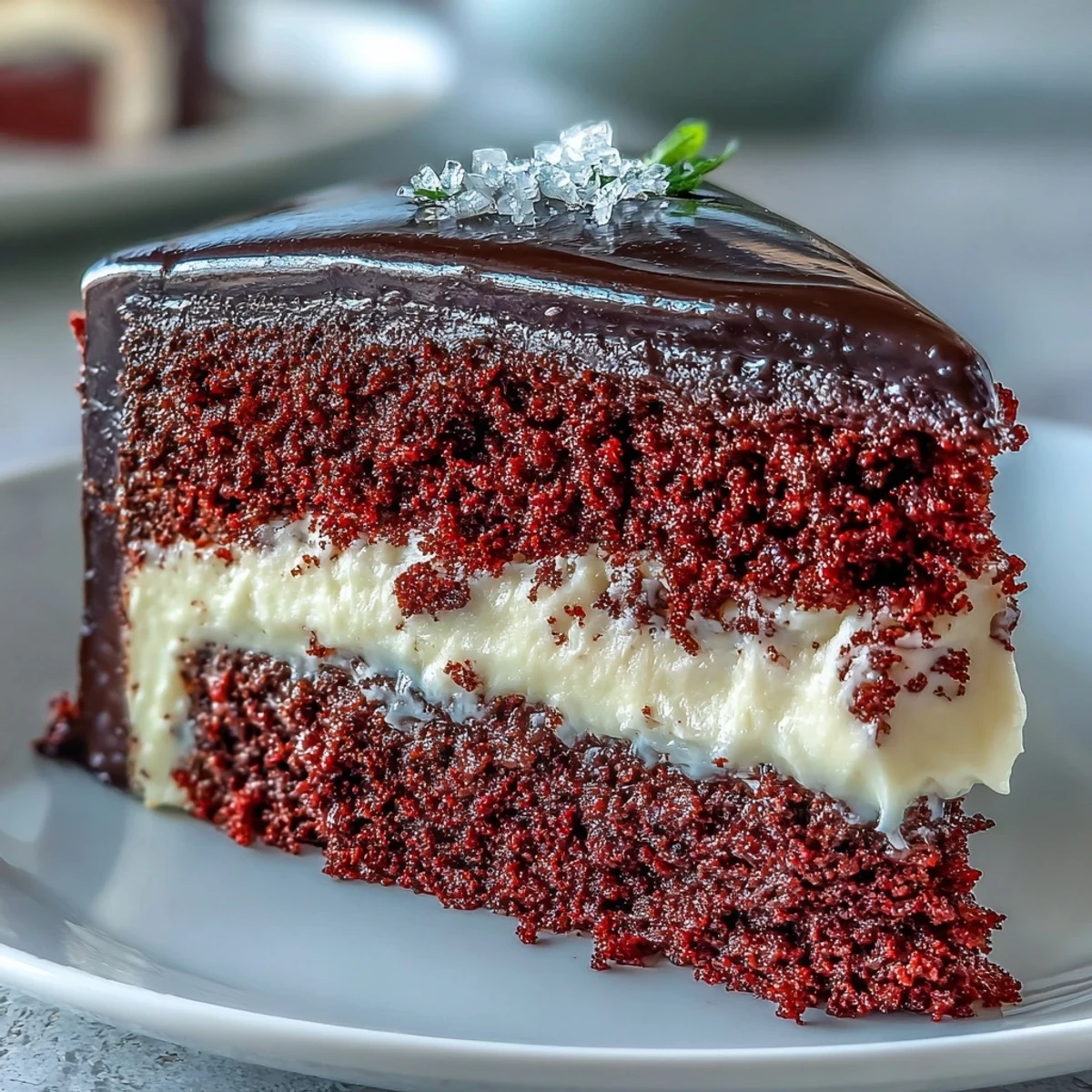 This close-up shows the Betty Boop Cake with its velvety red layers and smooth cream cheese buttercream, accented by glossy black fondant hair.