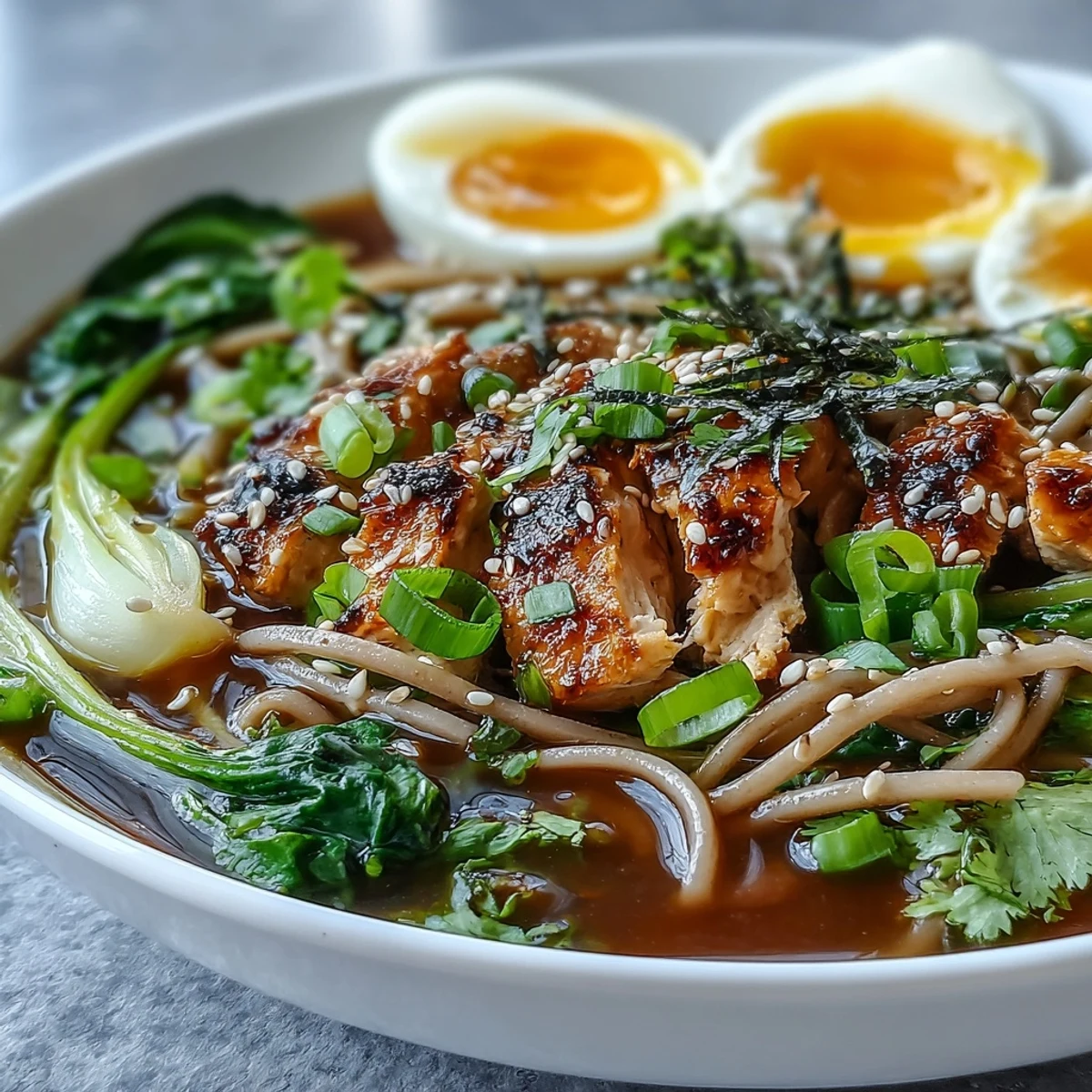 Steaming bowls of Healthy Miso Chicken Noodle Bowls garnished with soft boiled eggs and sesame seeds.