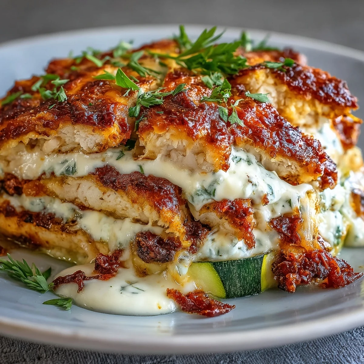A slice of High Protein Chicken Zucchini Bake lifted from the dish, revealing melted mozzarella and golden chicken layered with zucchini.