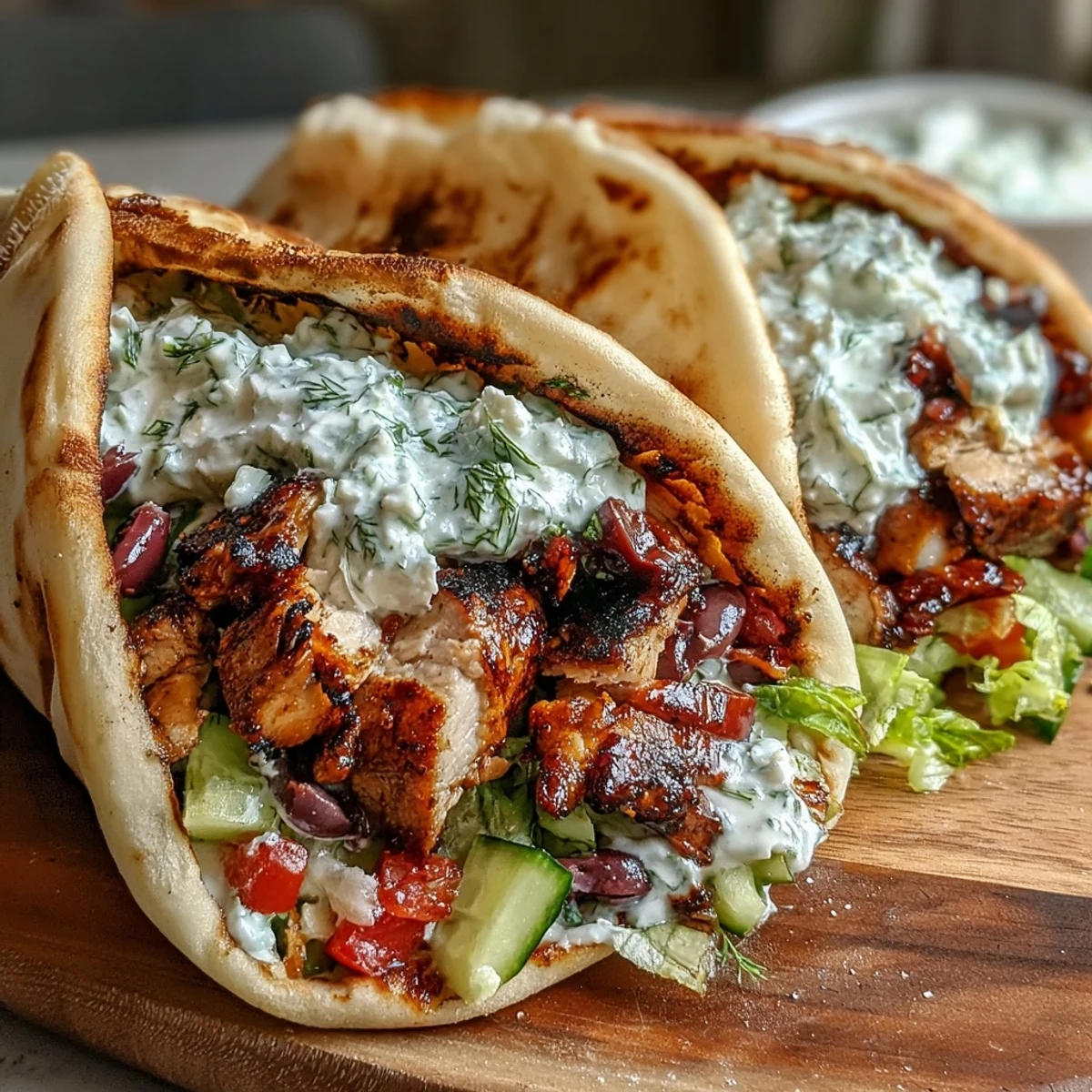 Golden-brown, charred Mediterranean Chicken Gyros topped with creamy feta tzatziki and fresh tomatoes on warm pita bread.
