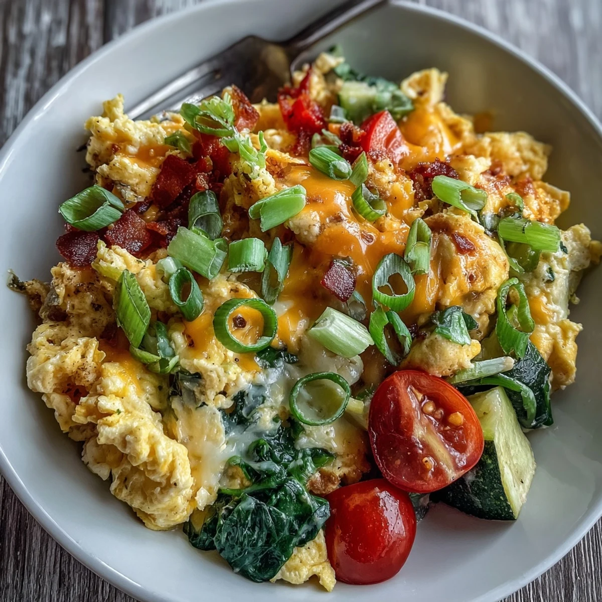 Fluffy scrambled eggs and sautéed veggies topped with melted cheese in a breakfast bowl.