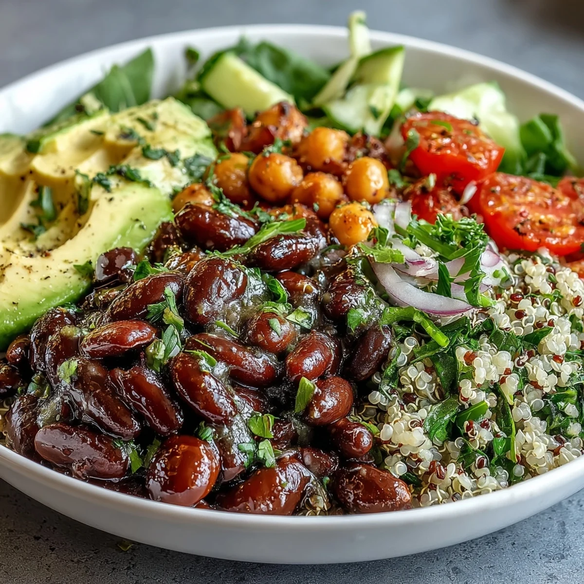 Hearty Three-Bean Power Bowl combining black beans, chickpeas, and quinoa, drizzled with Dijon vinaigrette and fresh herbs.
