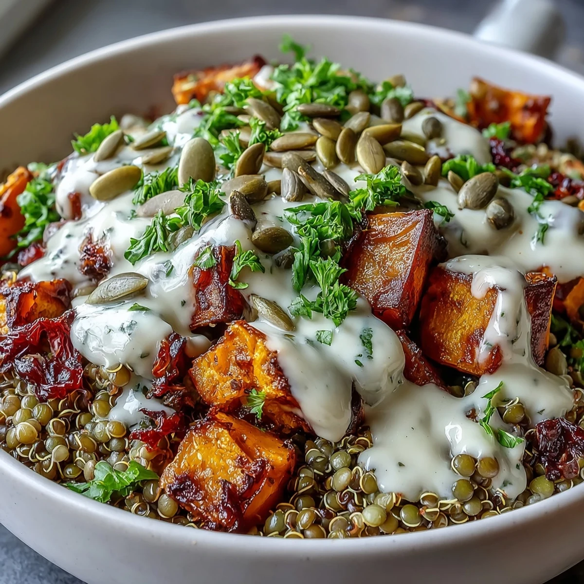 Roasted vegetables and tender lentils in the Lentil Power Bowl, drizzled with creamy tahini dressing on fluffy quinoa.