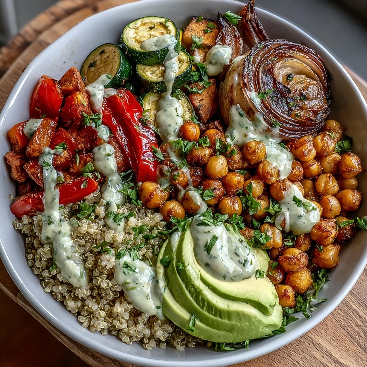 Golden roasted vegetables and spiced chickpeas fill this Chickpea Power Bowl, drizzled with creamy tahini sauce.