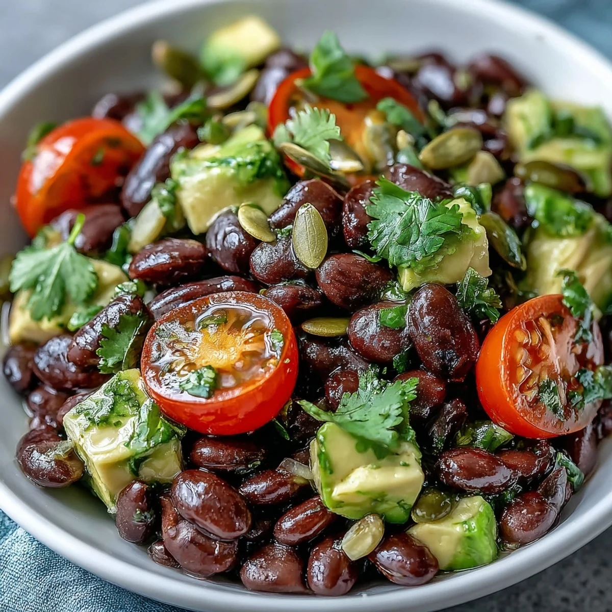 Bright Black Bean and Veggie Bowl with diced avocado, corn, and tomatoes, tossed in zesty lime dressing and topped with cilantro.