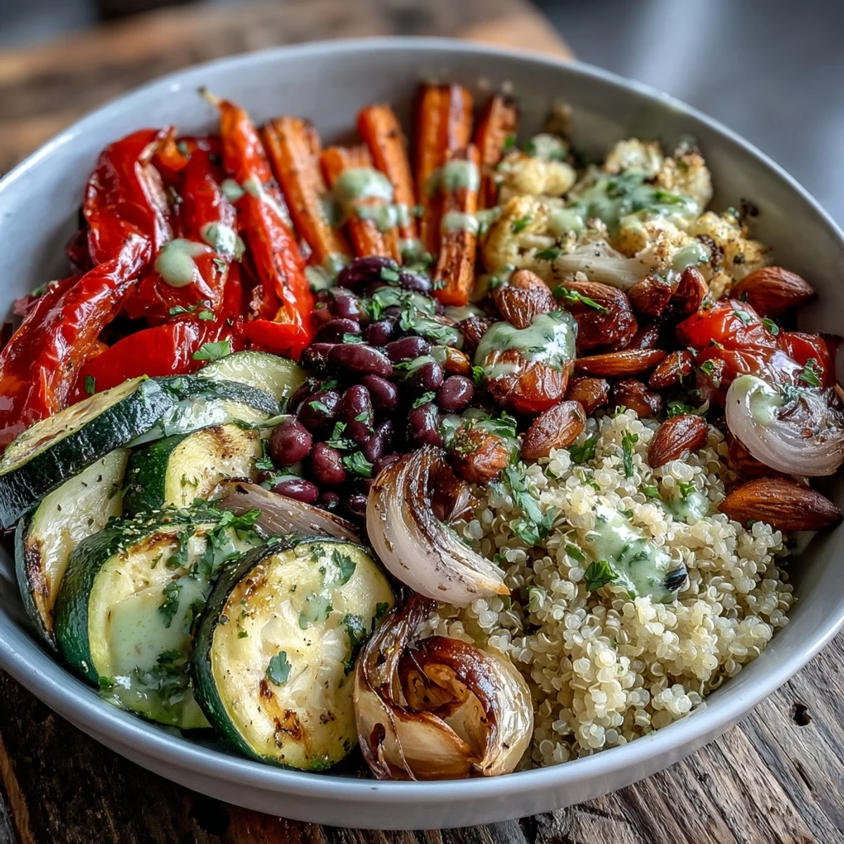 Roasted vegetables, fluffy quinoa, and beans top this vibrant Veggie and Quinoa Power Bowl, drizzled with zesty lemon dressing.