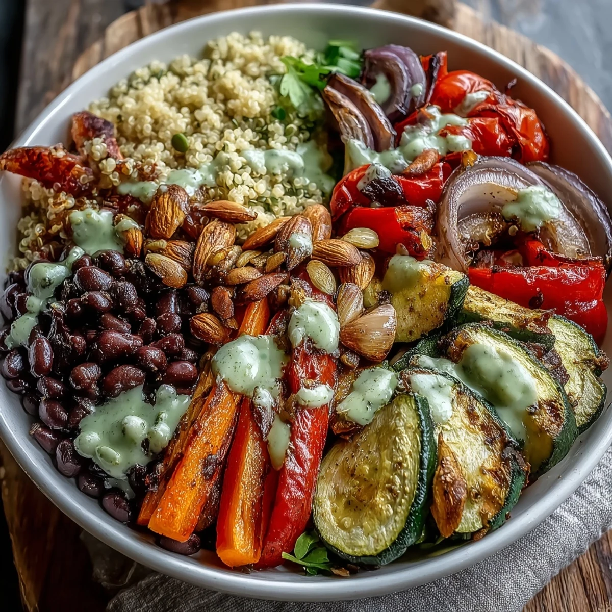 A wholesome Veggie and Quinoa Power Bowl with tender quinoa, beans, and caramelized veggies, finished with a bright lemon vinaigrette.