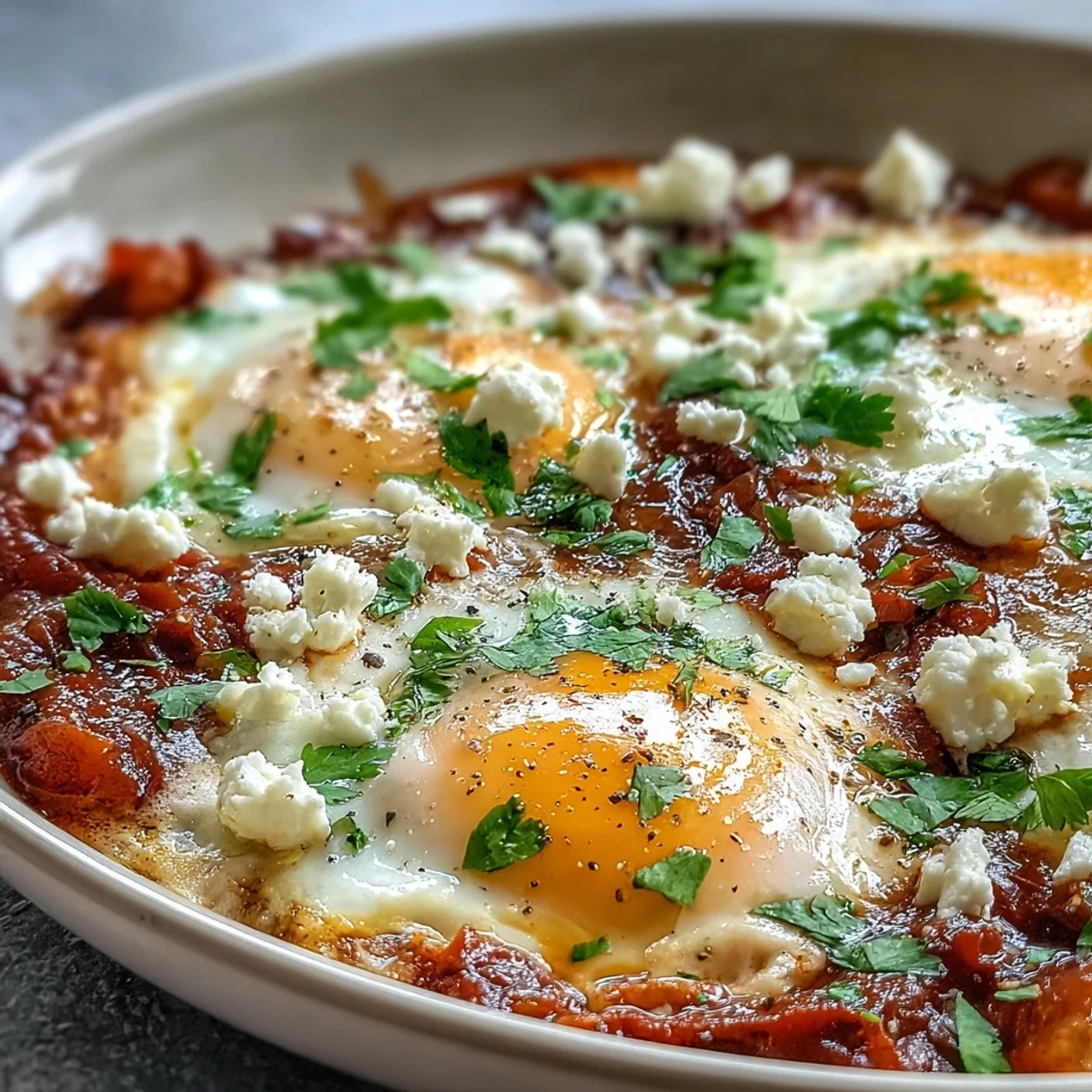 A hearty Shakshuka Bowl with poached eggs and a spicy tomato sauce, ready to dip with warm pita bread.