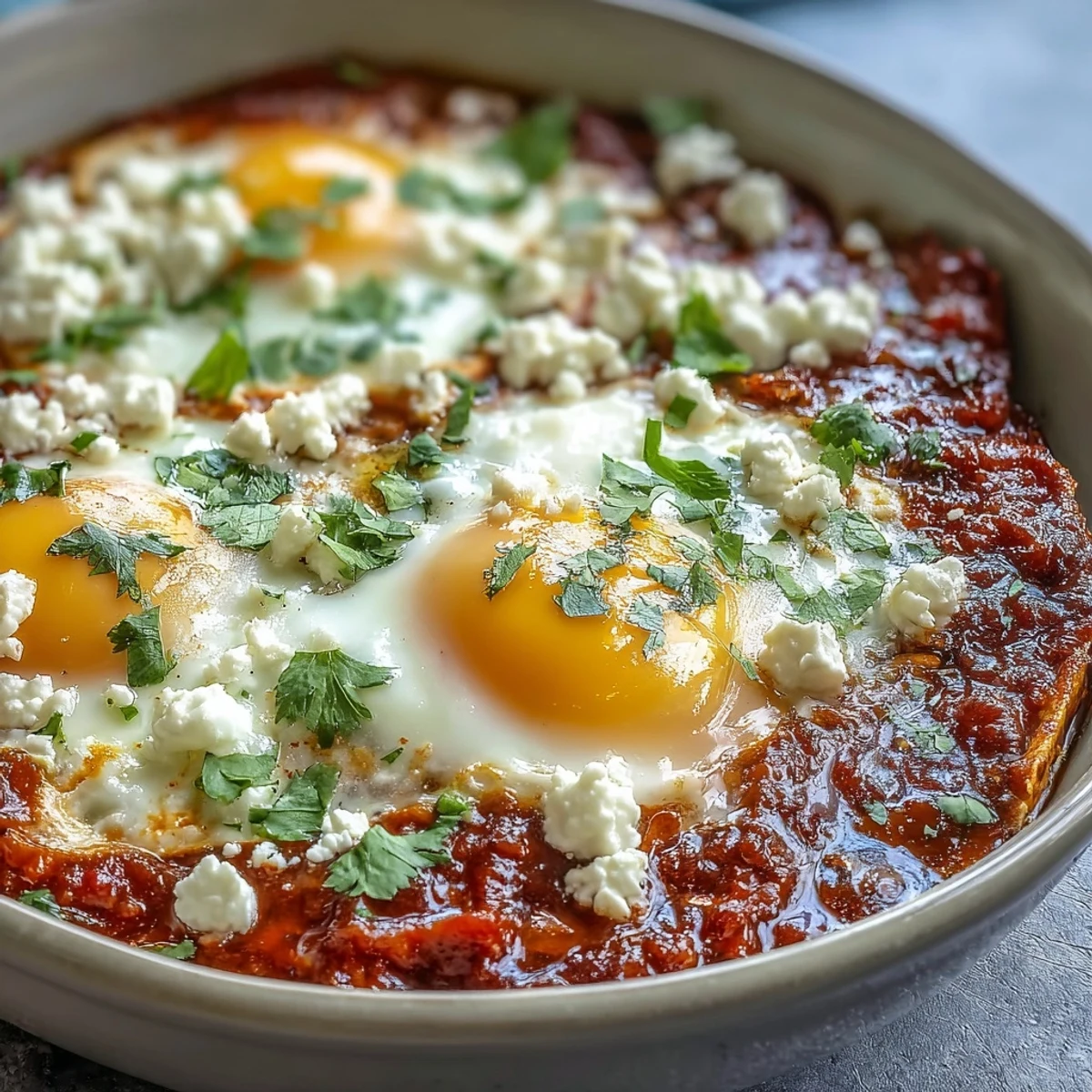 Colorful vegetarian Shakshuka Bowl served in a skillet, with soft runny yolks and a side of toasted pita wedges.