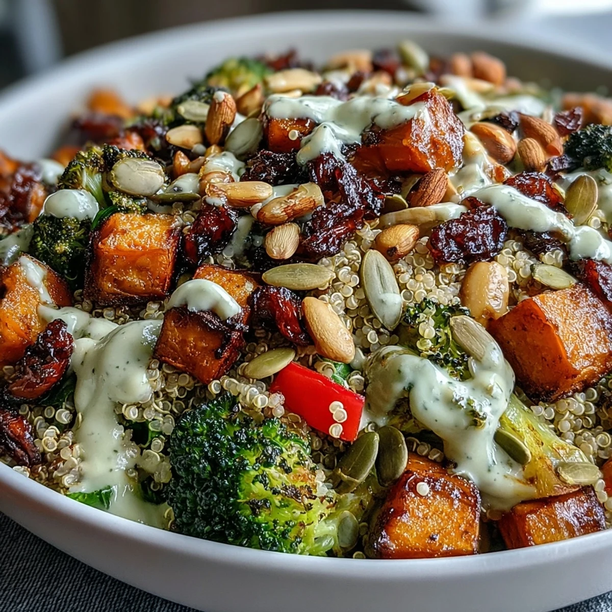 Overhead view of a vibrant Meal Prep Week-Long Power Bowl with quinoa, roasted sweet potatoes, and fresh spinach.