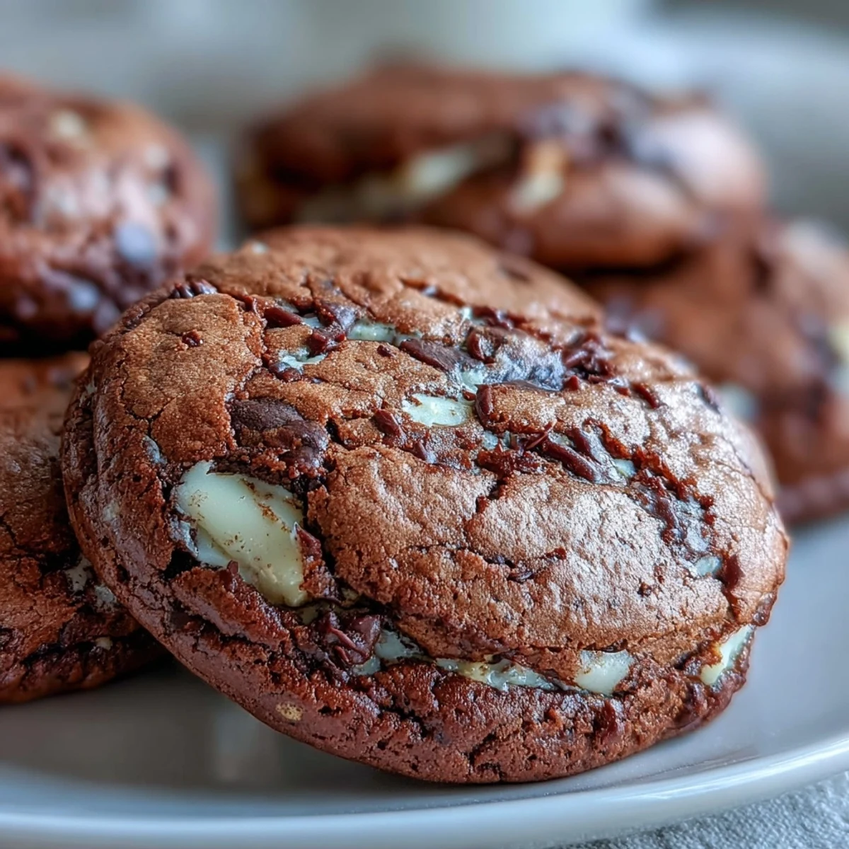 Close-up of Hojicha Brownie Cookies with cracked tops and melted white chocolate chunks on a cooling rack.