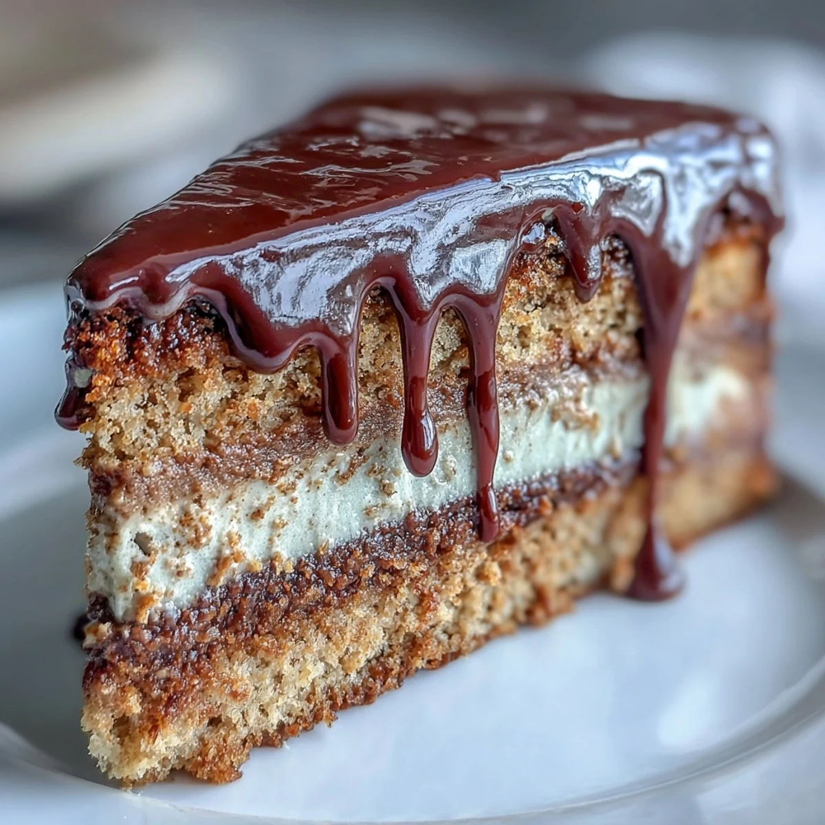 Moist Hojicha Butter Cream Cake layers, rich ganache drips, served with steaming green tea on a ceramic plate.