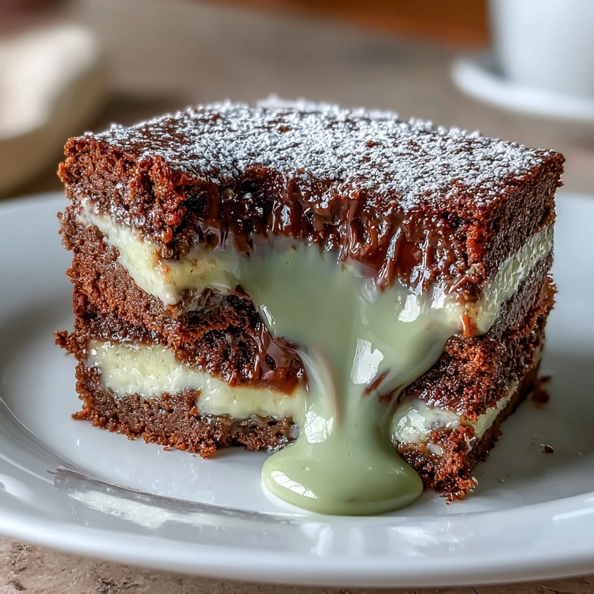 Freshly baked Hojicha Lava Cake with a rich roasted green tea ganache oozing from a sliced open white chocolate cake. Golden brown edges reveal a soft, moist crumb and a molten center, served warm on a white plate with a dusting of powdered sugar.
