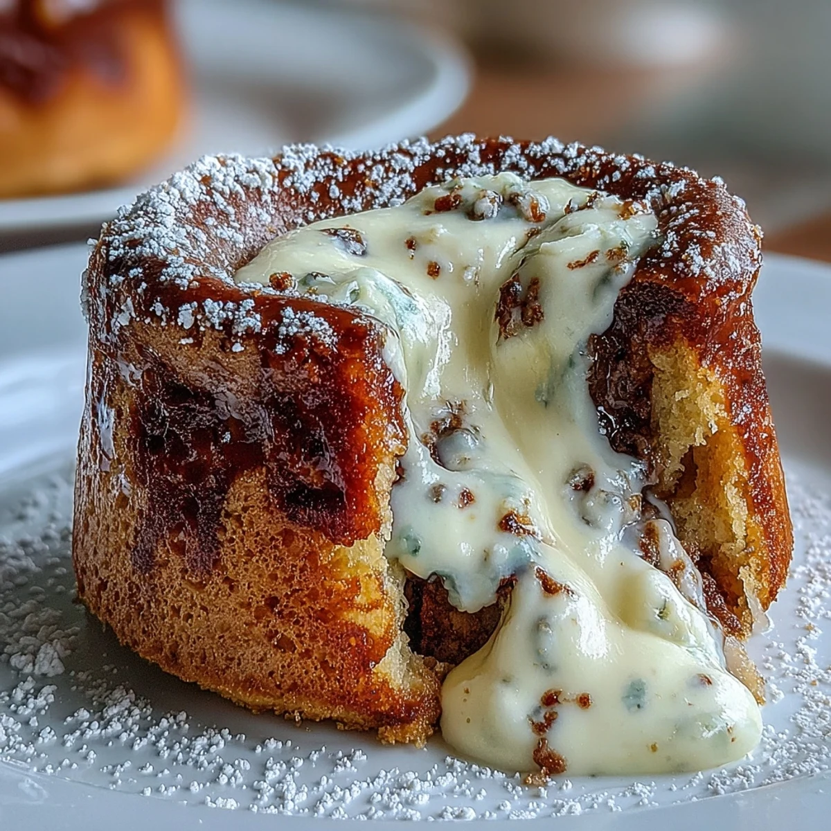 A spoon cracks open a warm Hojicha White Chocolate Lava Cake, revealing a creamy, nutty roasted green tea filling.