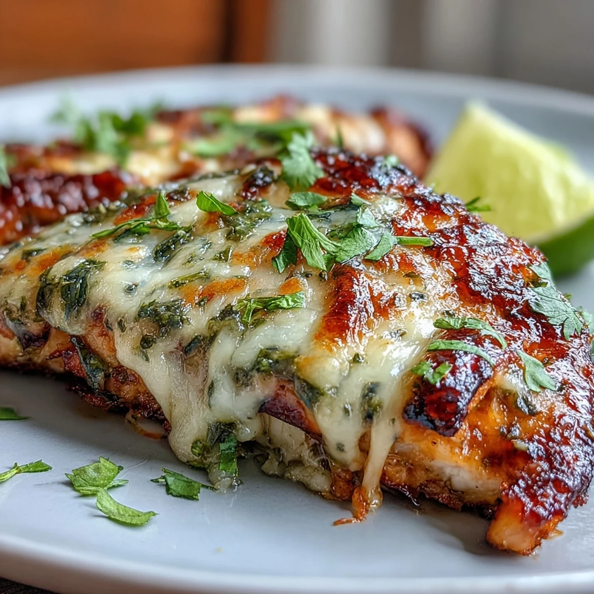 Grilled Salsa Verde Pepper Jack Chicken breasts sizzling on the grill with melted cheese.