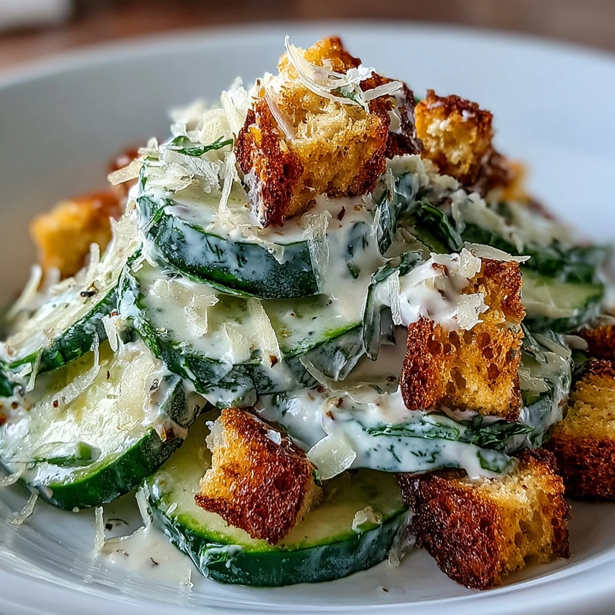 Freshly sliced English cucumbers tossed in creamy homemade Caesar dressing, topped with crunchy croutons and shaved Parmesan cheese.