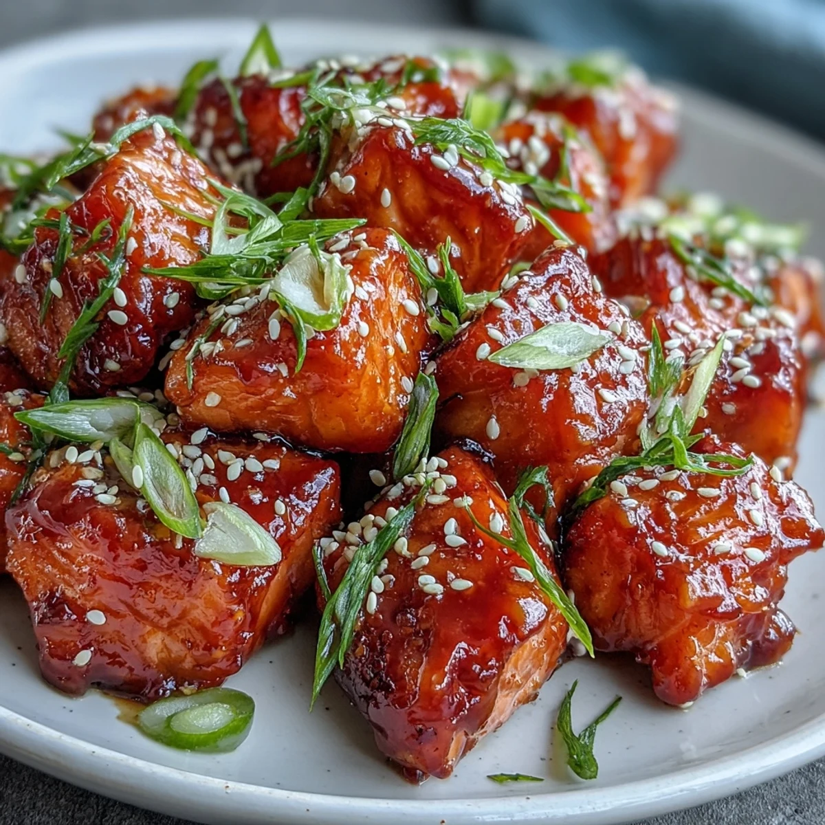 Golden-brown Bang Bang Salmon Bites with creamy sauce drizzled over steamed rice.
