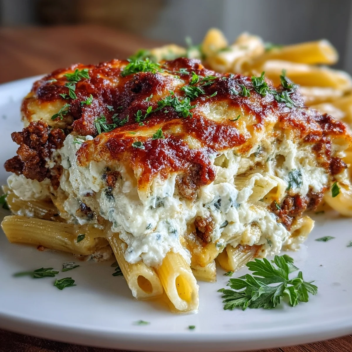 Hearty Cottage Cheese Protein Pasta Bake with Ground Beef features whole wheat penne, marinara sauce, and melted mozzarella in a ceramic dish. 