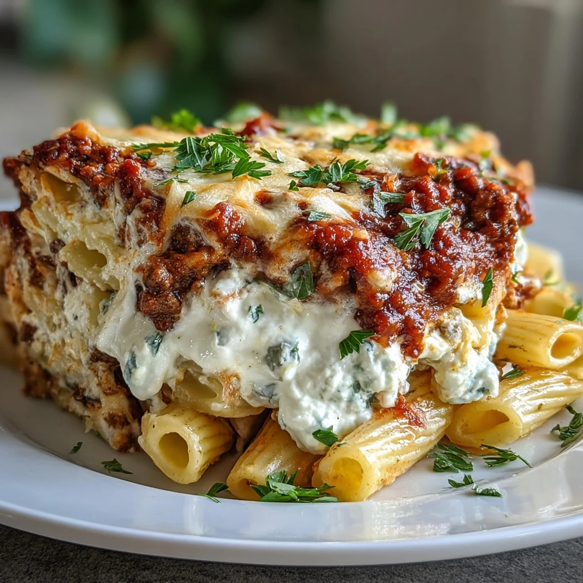 Close-up of Cottage Cheese Protein Pasta Bake with Ground Beef revealing creamy cottage cheese layer, savory beef, and golden Parmesan topping.