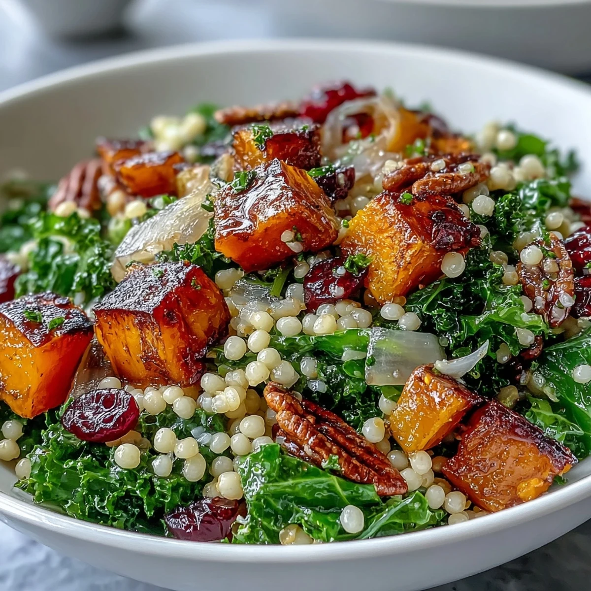 Honey Autumn Pearl Couscous Salad with roasted butternut squash, massaged kale, pecans, and dried cranberries glistening in a rustic bowl.