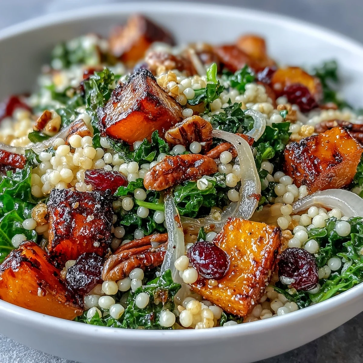 Overhead view of Honey Autumn Pearl Couscous Salad, featuring golden couscous, vibrant kale, and ruby cranberries, served on a wooden table.