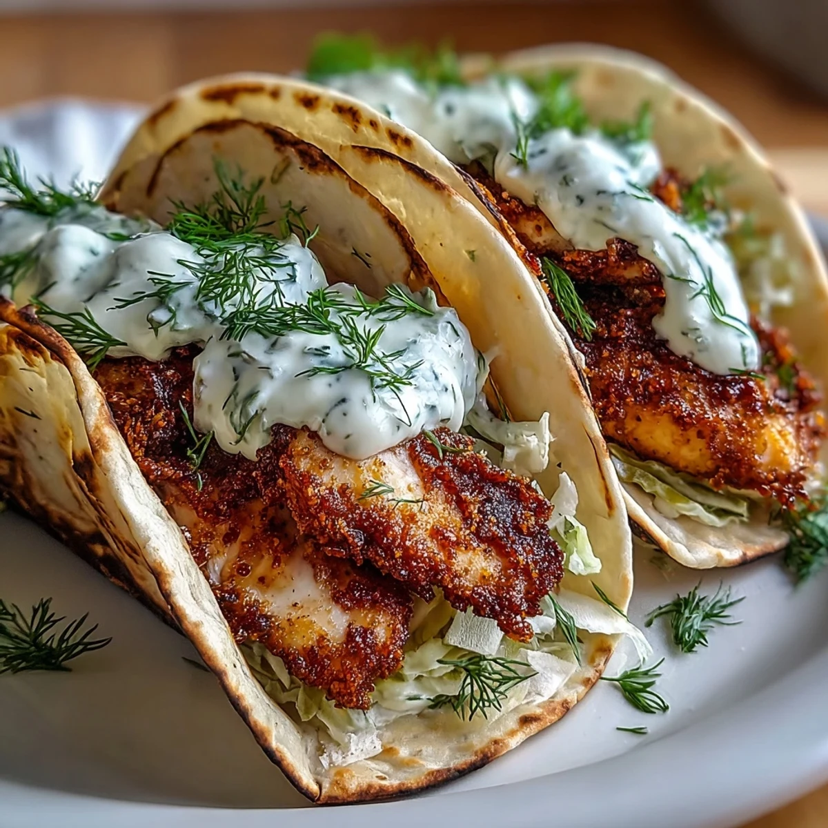 Golden-brown smashed chicken patty topped with crisp dill pickle slices on a flour tortilla with a lacy cheese base and green ranch drizzle.