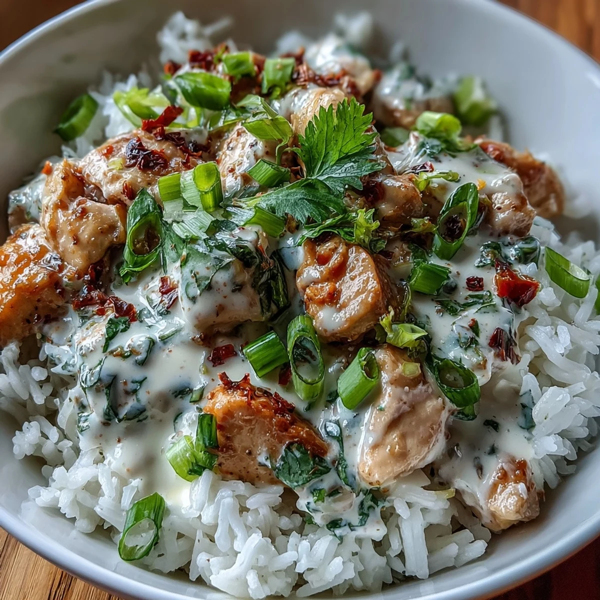 Fluffy jasmine rice topped with creamy coconut chicken, garnished with fresh cilantro and lime wedges. 
