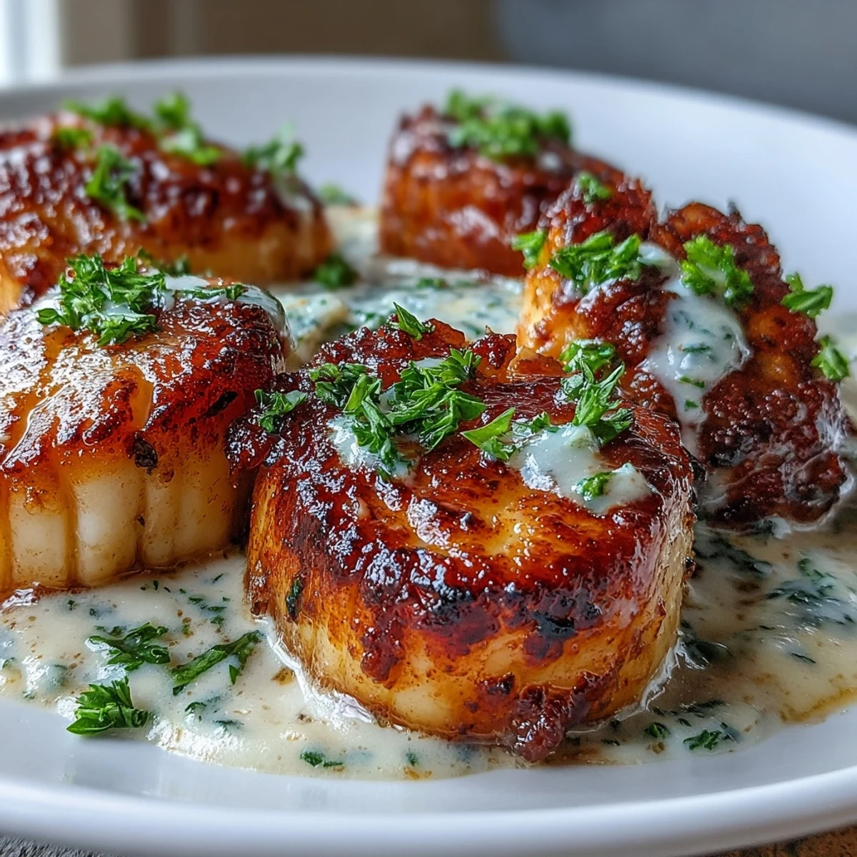 Golden-brown seared scallops with spicy Cajun cream sauce, garnished with parsley.