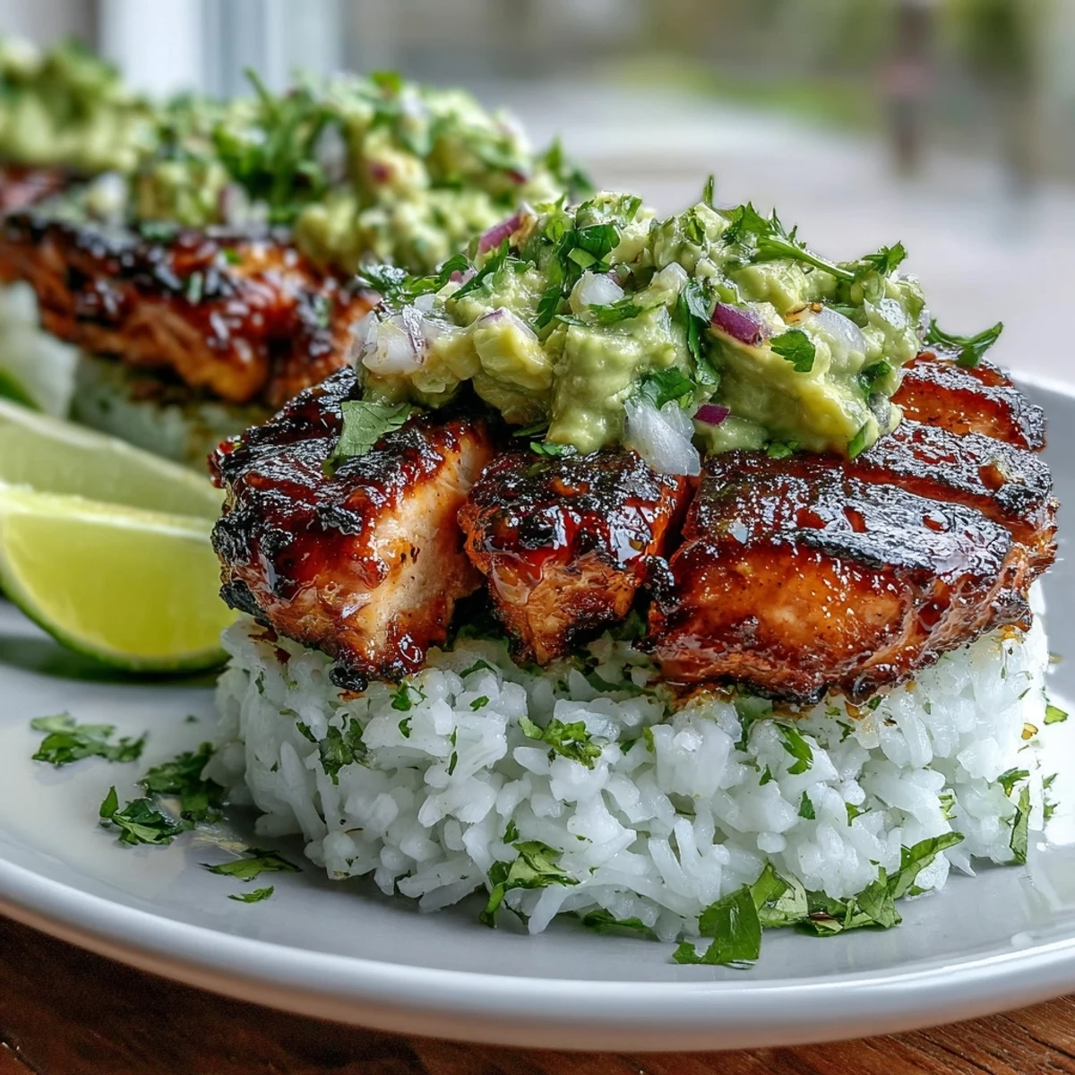 Golden slices of grilled honey lime chicken rest on a fluffy bed of jasmine rice, topped with creamy avocado salsa.