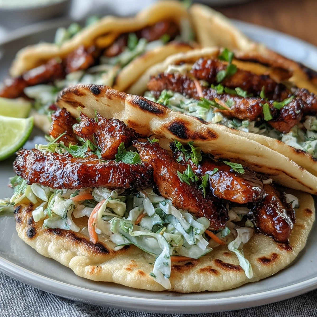 Freshly warmed garlic naan holds glazed honey garlic chicken, topped with vibrant purple and green crunchy slaw.