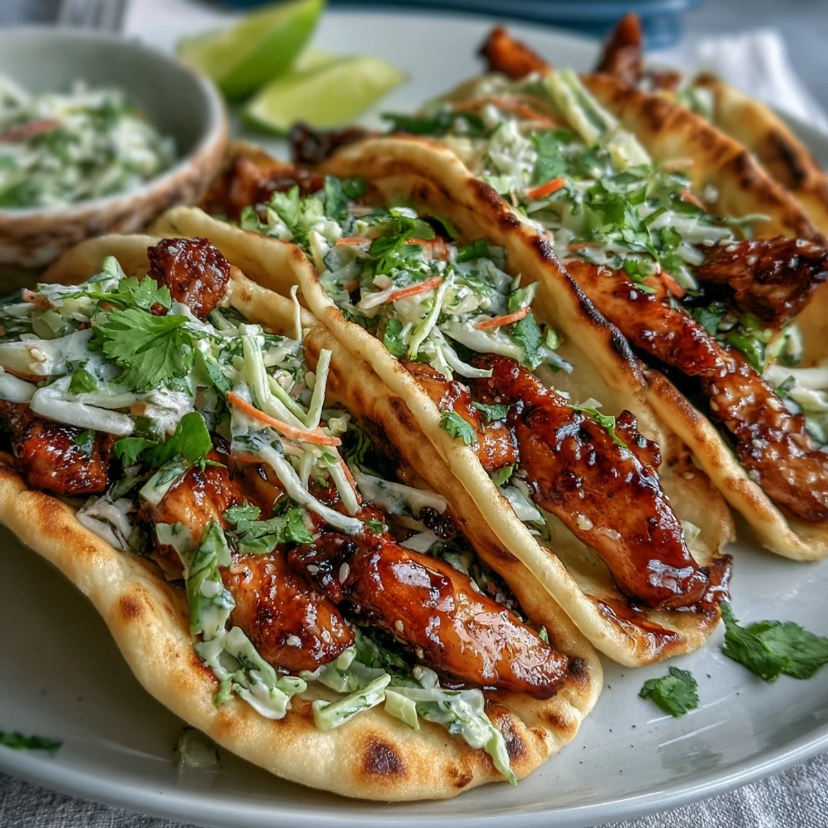 Golden honey garlic chicken strips rest inside soft naan tacos, garnished with creamy slaw and cilantro.