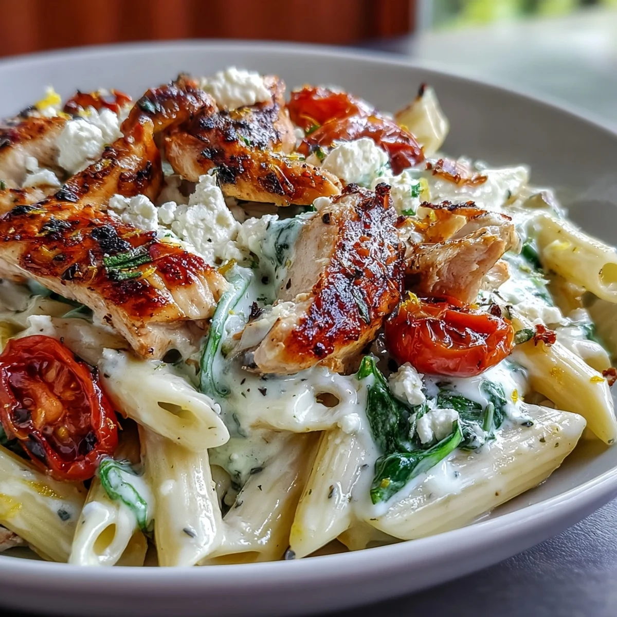 Hearty Roasted Garlic & Feta Chicken Pasta with roasted chicken, cherry tomatoes, and wilted spinach on a rustic table.