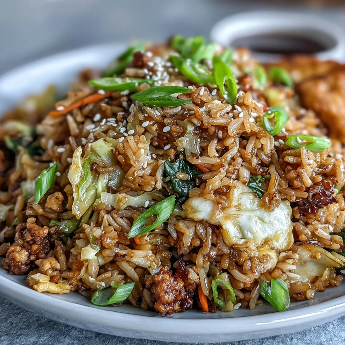 Close-up of Crispy Chicken Fried Rice with Egg Roll Flavors, featuring golden minced chicken and crunchy cabbage.
