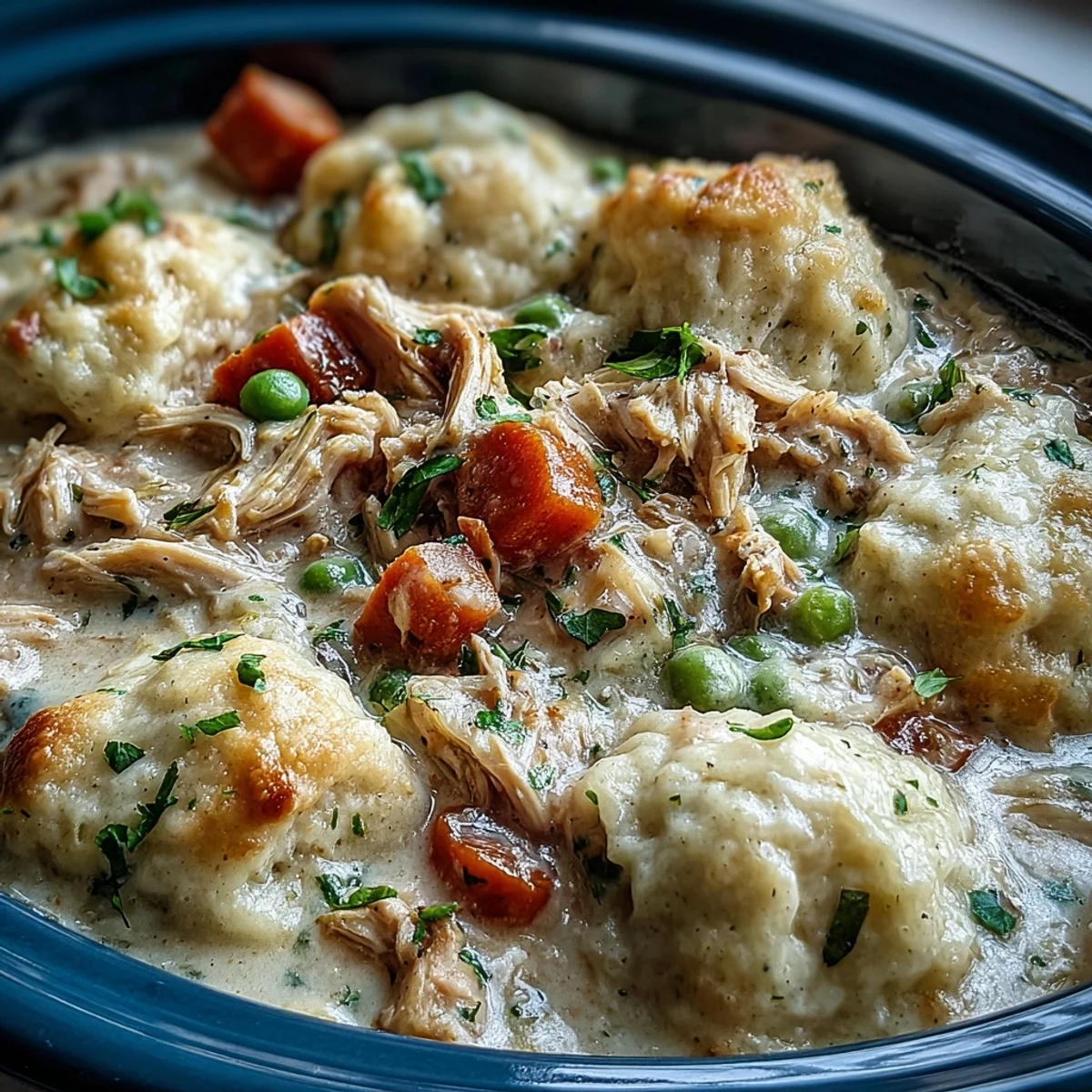 Slow Cooker Ranch Chicken & Dumplings stew steaming in a bowl, creamy sauce with carrots and fluffy biscuits on top.
