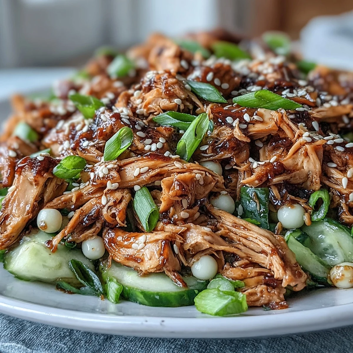 A close-up of Asian Sesame Chicken Couscous Salad with tender shredded chicken, crisp cucumbers, and toasted sesame seeds.